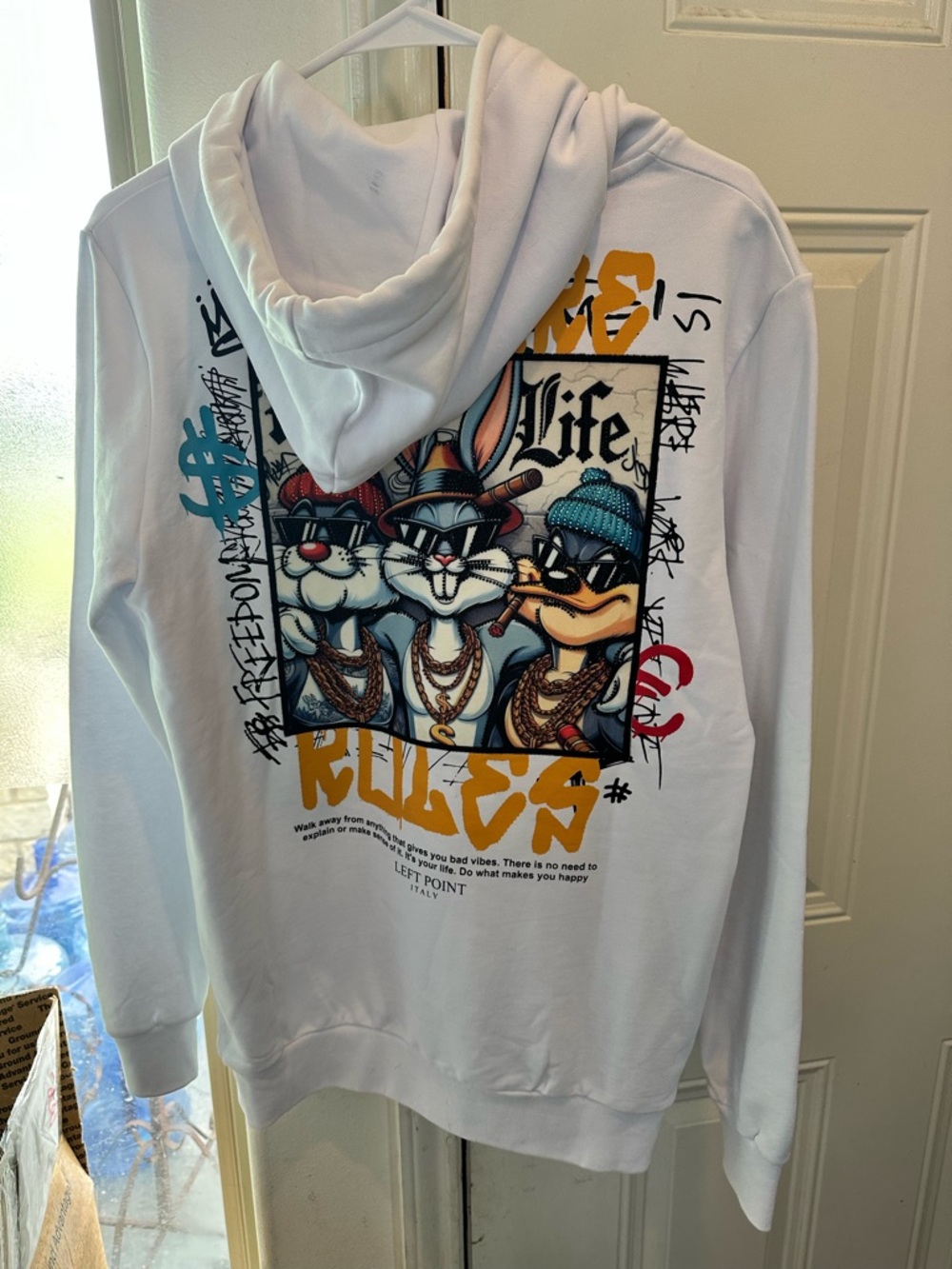 Left Point Italy Looney Tunes Thug Life Graphic Hoodie White With Flaws
